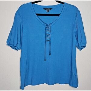 Lauren Ralph Lauren Womens 2X Bright Blue Waffle Knit Lace Up Front Casual Top